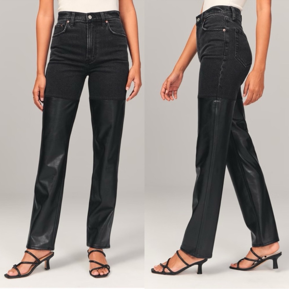 NWT Abercrombie & Fitch 90s Straight Curve Faux Leather Black Jeans Sz 12